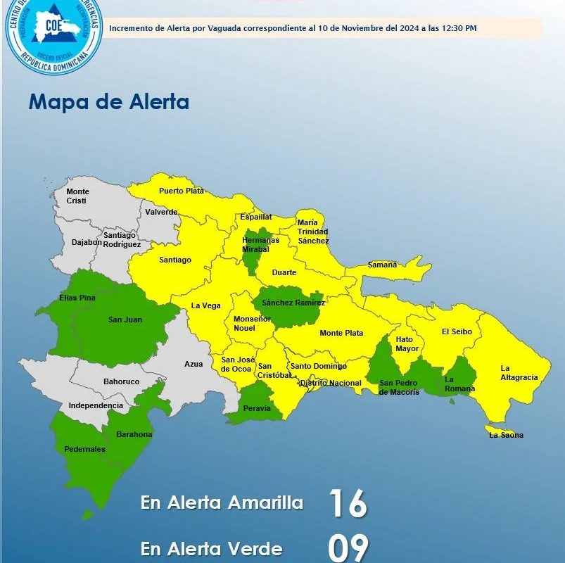 COE emite alerta amarilla para 16 provincias y el Distrito Nacional debido a vaguada