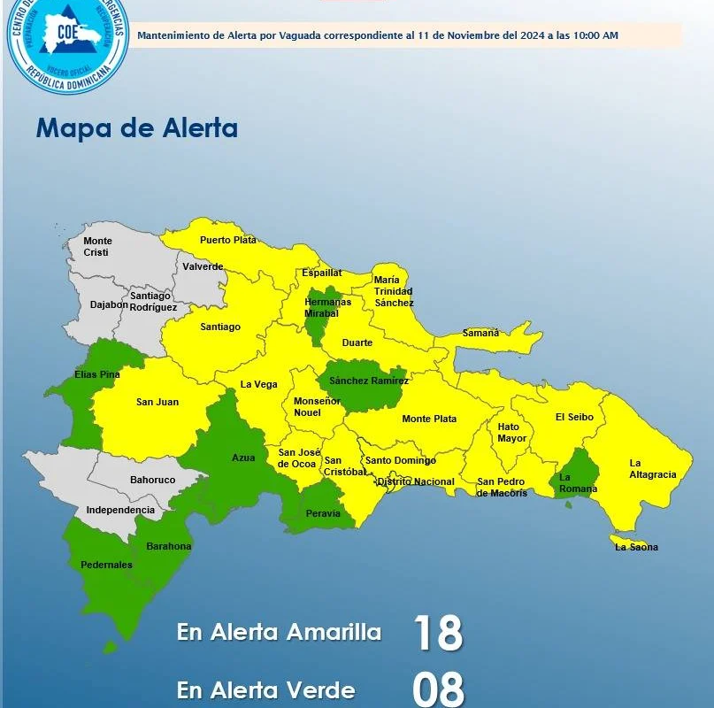 El COE mantiene 18 provincias en alerta amarilla y 8 en verde tras incidencia de una vaguada