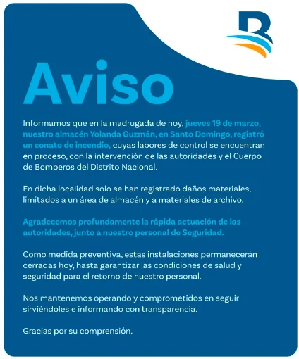 Se registra conato de incendio en almacén del Banreservas