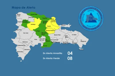 COE mantiene 4 provincias en alerta amarilla y 8 en verde por lluvias asociadas a vaguada