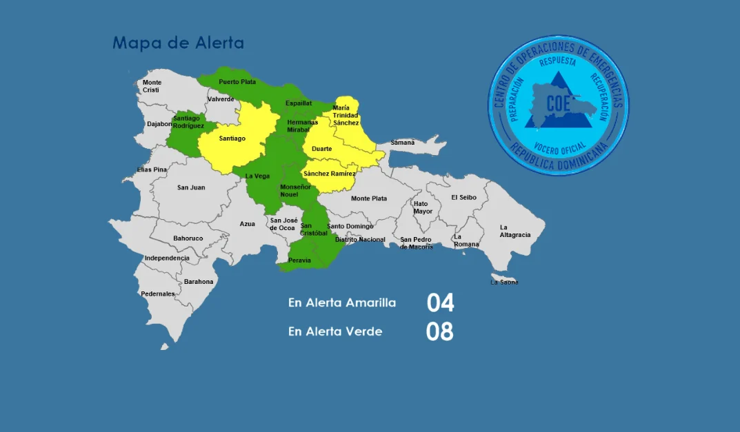 COE mantiene 4 provincias en alerta amarilla y 8 en verde por lluvias asociadas a vaguada