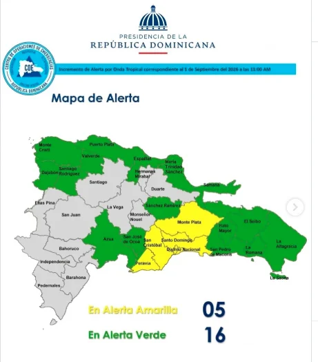 COE mantiene cinco provincias en alerta amarilla y 16 en verde por lluvias