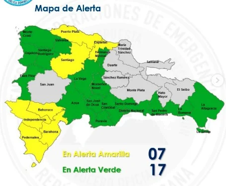 COE coloca siete provincias en alerta amarilla y 17 en verde por lluvias